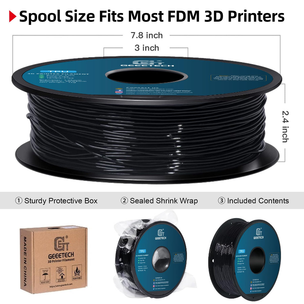 Geeetech TPU Filament 1.75mm, Shore 95A – Flexible 3D Printer Filament with High Elasticity, 1KG (2.2lbs) Spool, Dimensional Accuracy ±0.03mm, Fits Most FDM Printers (Black) Geeetech