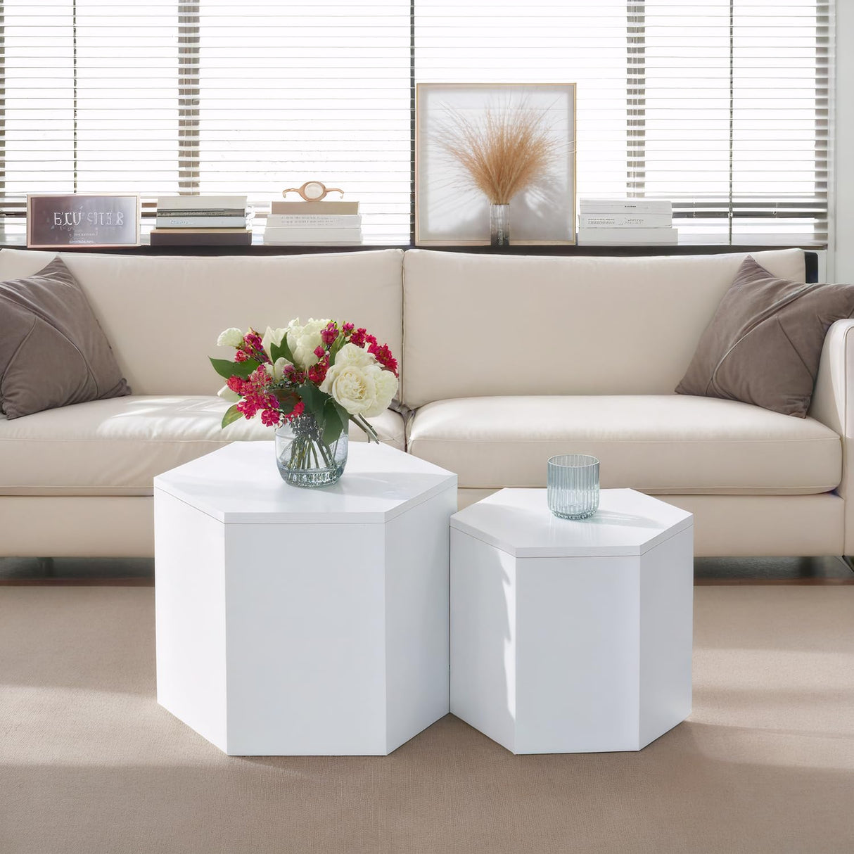 Wood Nesting Coffee Table Set of 2, Modern Round Coffee Table with Non-Slip Feet, Wooden Circle Side Table and Accent Furniture for Bedroom Balcony Lounge Home Office, No Assembling ivoros