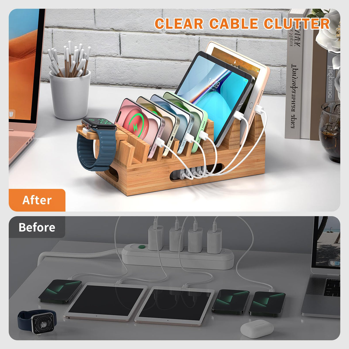 Pezin & Hulin Bamboo Charging Station Holder with 5 Port USB Charger, 5 x Charge Cables, Watch Stand, Wood Docking Stand Electronic Organizer for Multiple Devices, Phones, Tablets and More Pezin & Hulin
