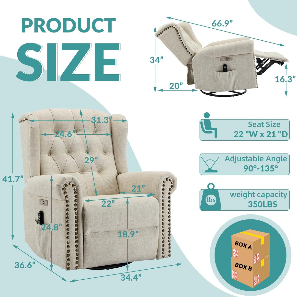 MEETWARM Power Swivel Rocking Glider Recliner Chair with Heat and Vibration, Electric Rocker Nursery Reclining Chair, Wingback Tufted Upholstered Recliner for Living Room, Type-C & USB Ports (Beige) MEETWARM