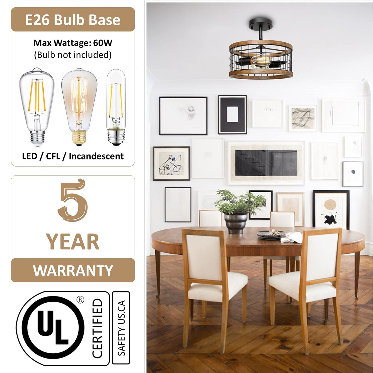 2-Light Farmhouse Semi Flush Mount Ceiling Light Fixture, Rustic Drum Wood Ceiling Lamp for Hallway Kitchen Entryway Foyer Bedroom Laundry Room, Nature Wood Texture and Black Metal Fence Finish WOAEKR