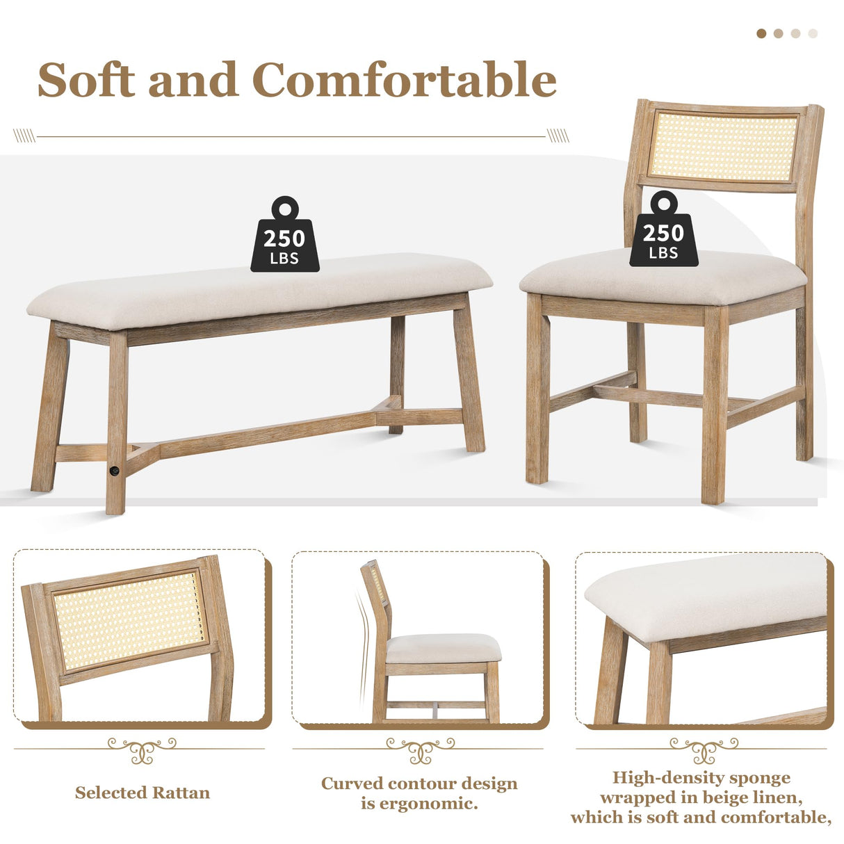 Wood Dining Table Set for 6 with 4 Chair & Bench, 6-Piece Rectangular Kitchen Table Set with 4 Upholstered Chairs & Bench Retro Dining Room Set for Dining Room (Natural Wood Wash) Harper & Bright Designs