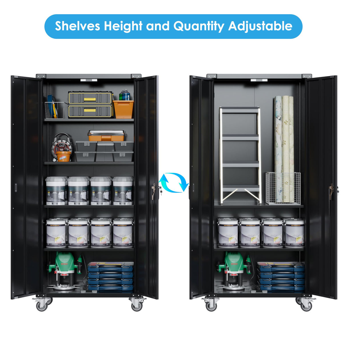 UINSOO 72" Tall Black Metal Storage Cabinet with Wheels, Rolling Storage Garage Cabinet with Adjustable Shelves and Door for Garage, Office, Kitchen, Laundry Room, Assembly Required UINSOO