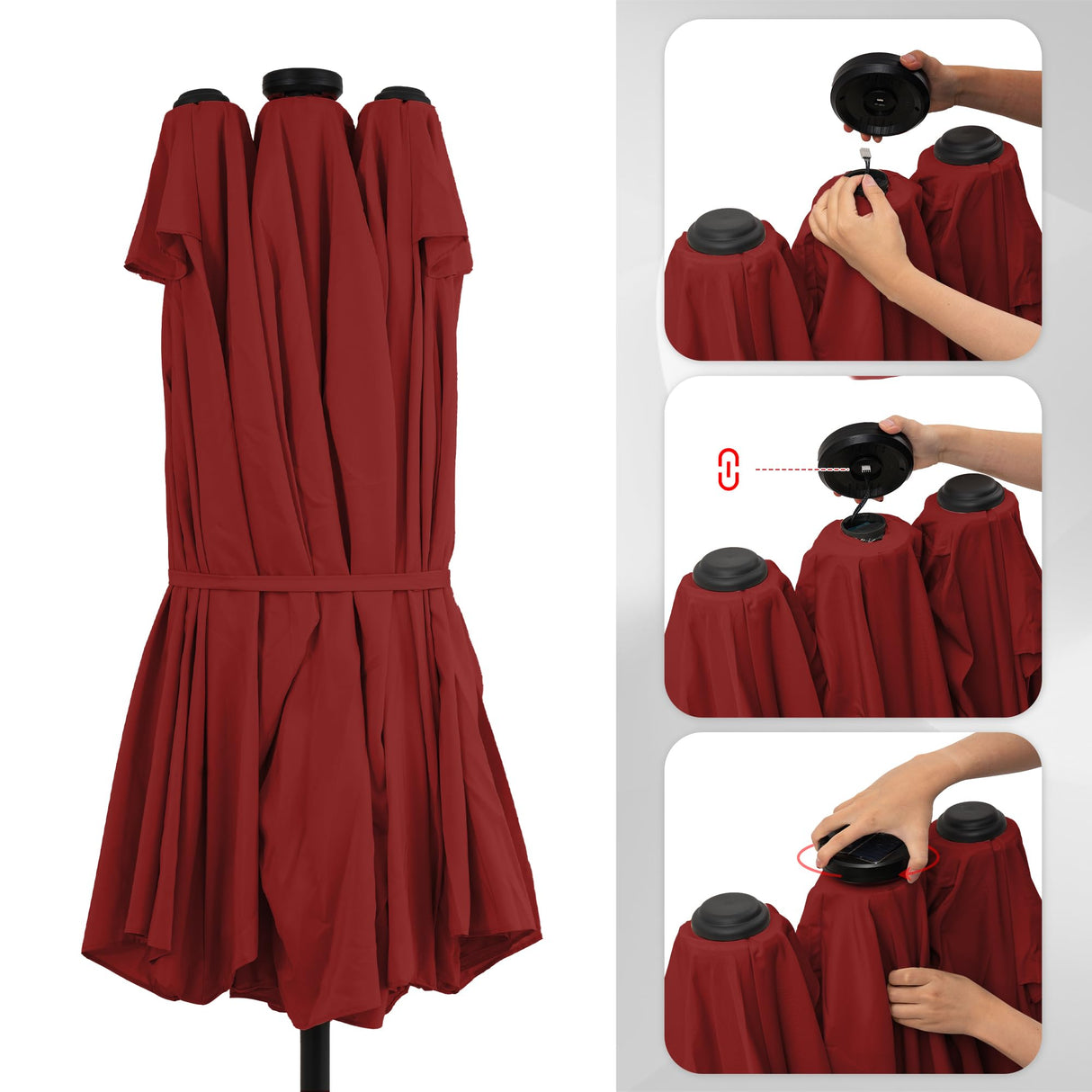 Sundale Outdoor 40LED 15ft Large Patio Umbrellas with Base Included and Umbrella Cover, Outdoor Double-Sided Umbrella with Solar Lights Red Sundale Outdoor