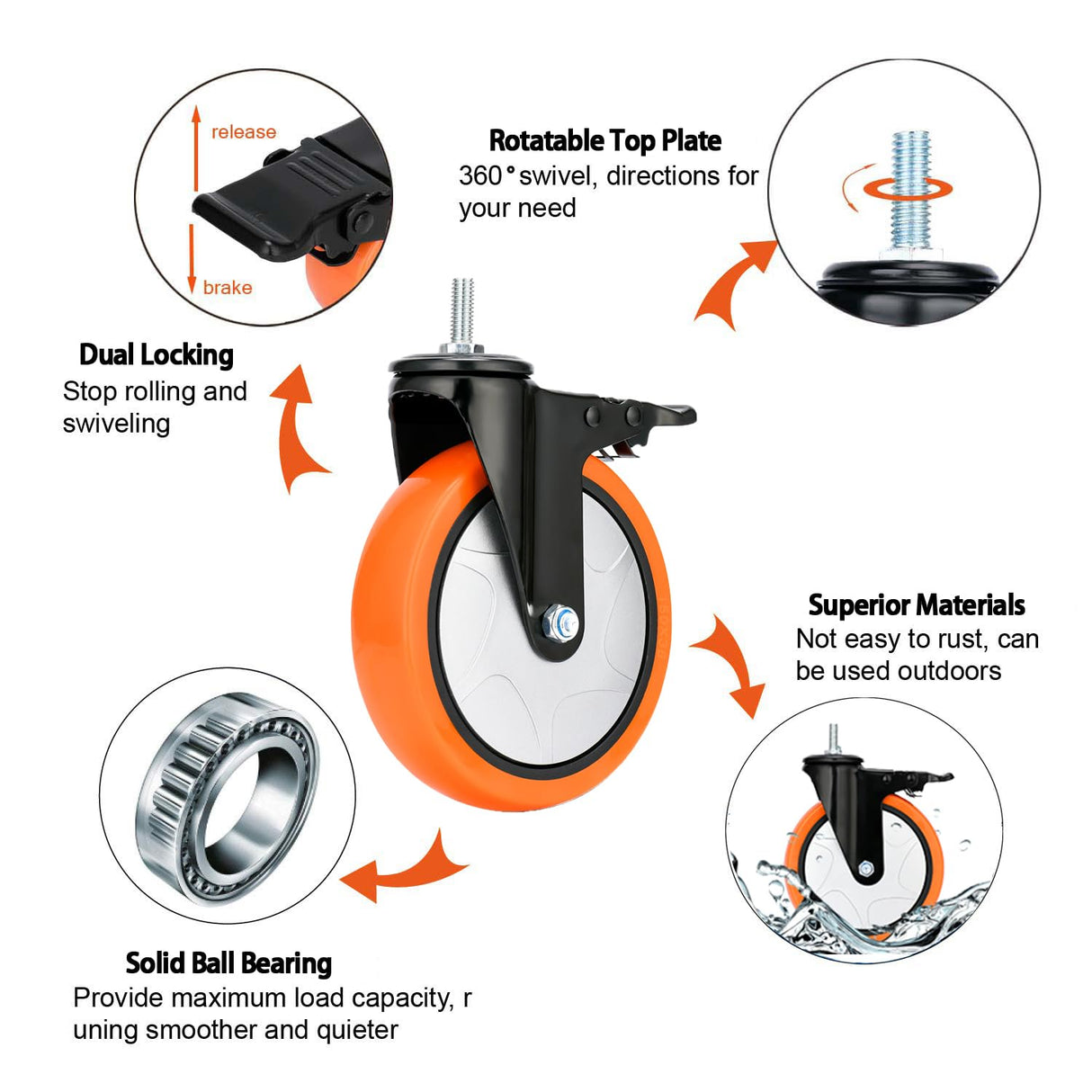 6 Inch Caster Wheels 2800Lbs, Heavy Duty Threaded Stem Casters Set of 4, 1/2"-13 x 1 (Screw Diameter 1/2", Stem Length 1"), Safety Dual Locking Industrial Castors, Wheels for Cart, Furniture Moogiitools