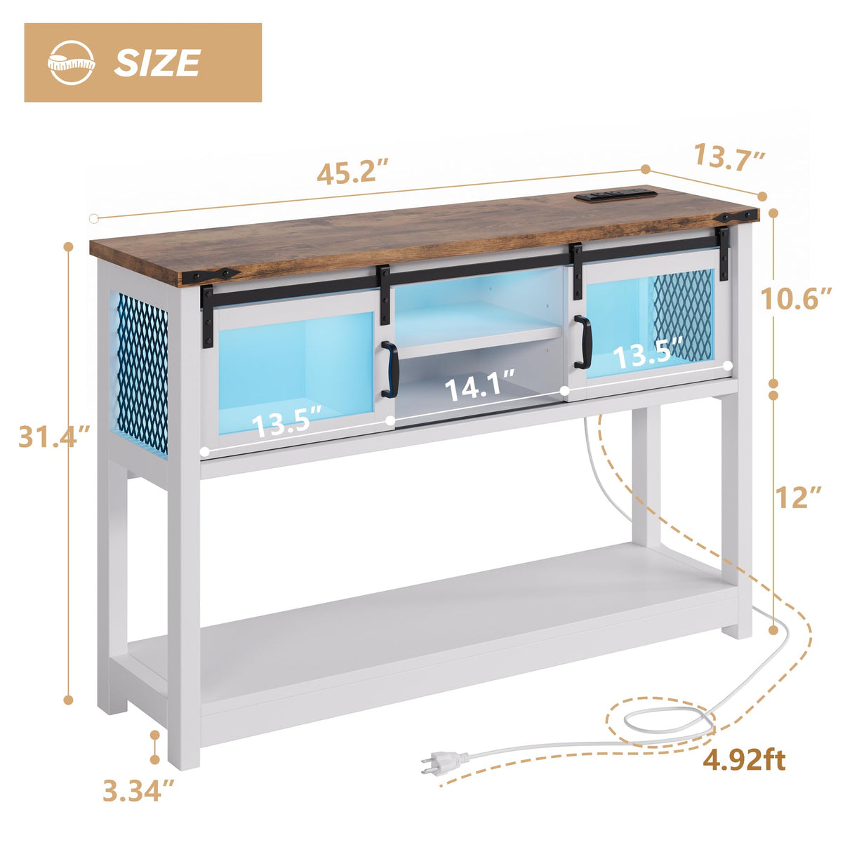 Whalefall Visual Console Table with Power Outlets, 46" Farmhouse Entryway Table with Storage, Narrow Long Sofa Table with LED Light for Living Room, Hallway, Behind Couch Whalefall