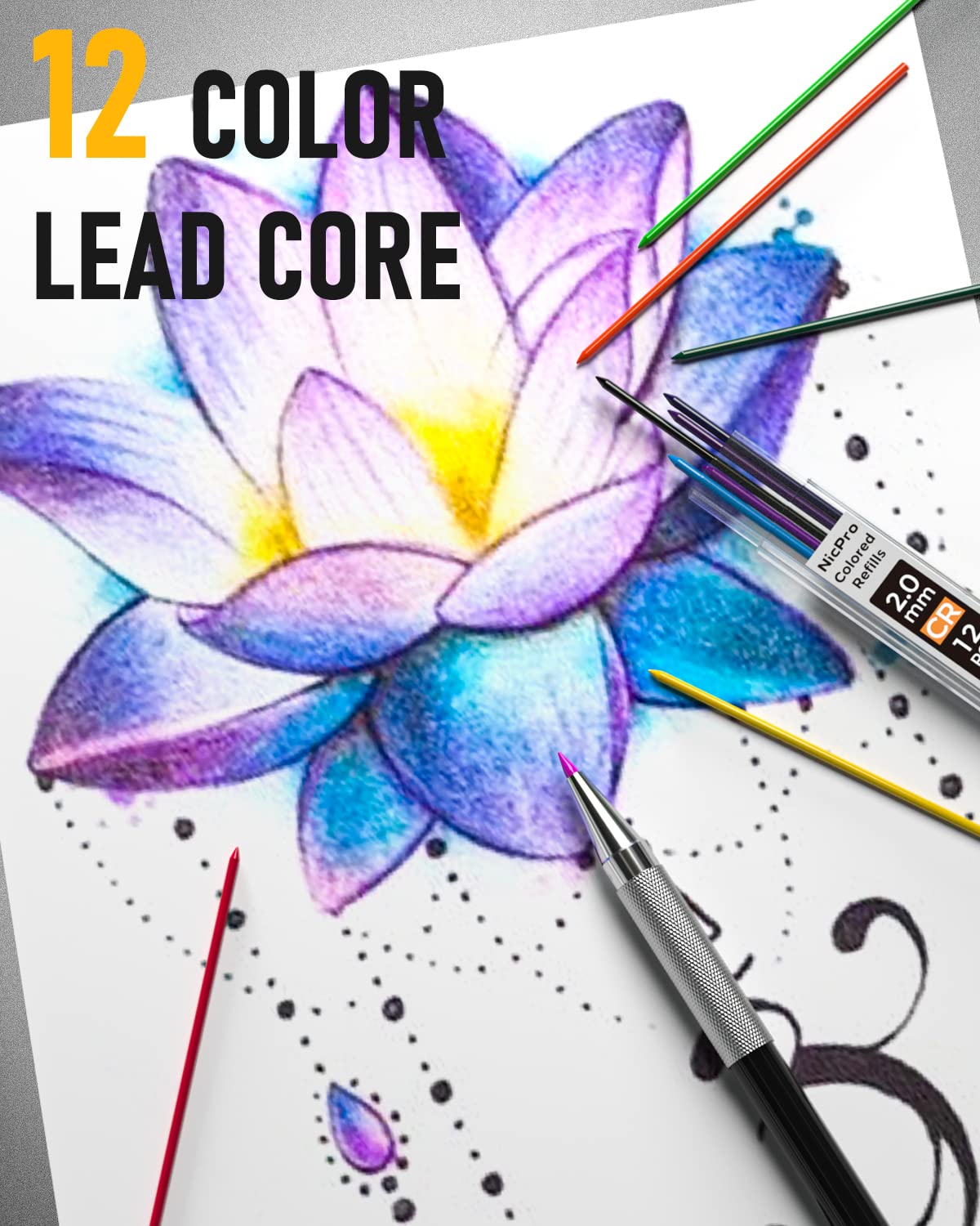 Nicpro Black Art Mechanical Pencil Set in Case, Metal Drafting Pencils 0.3, 0.5, 0.7, 0.9 & 2mm Graphite Holders (2H HB 2B 4B Colored Lead) for Sketching Drawing with 9 Lead Refills, 2 Erasers Nicpro