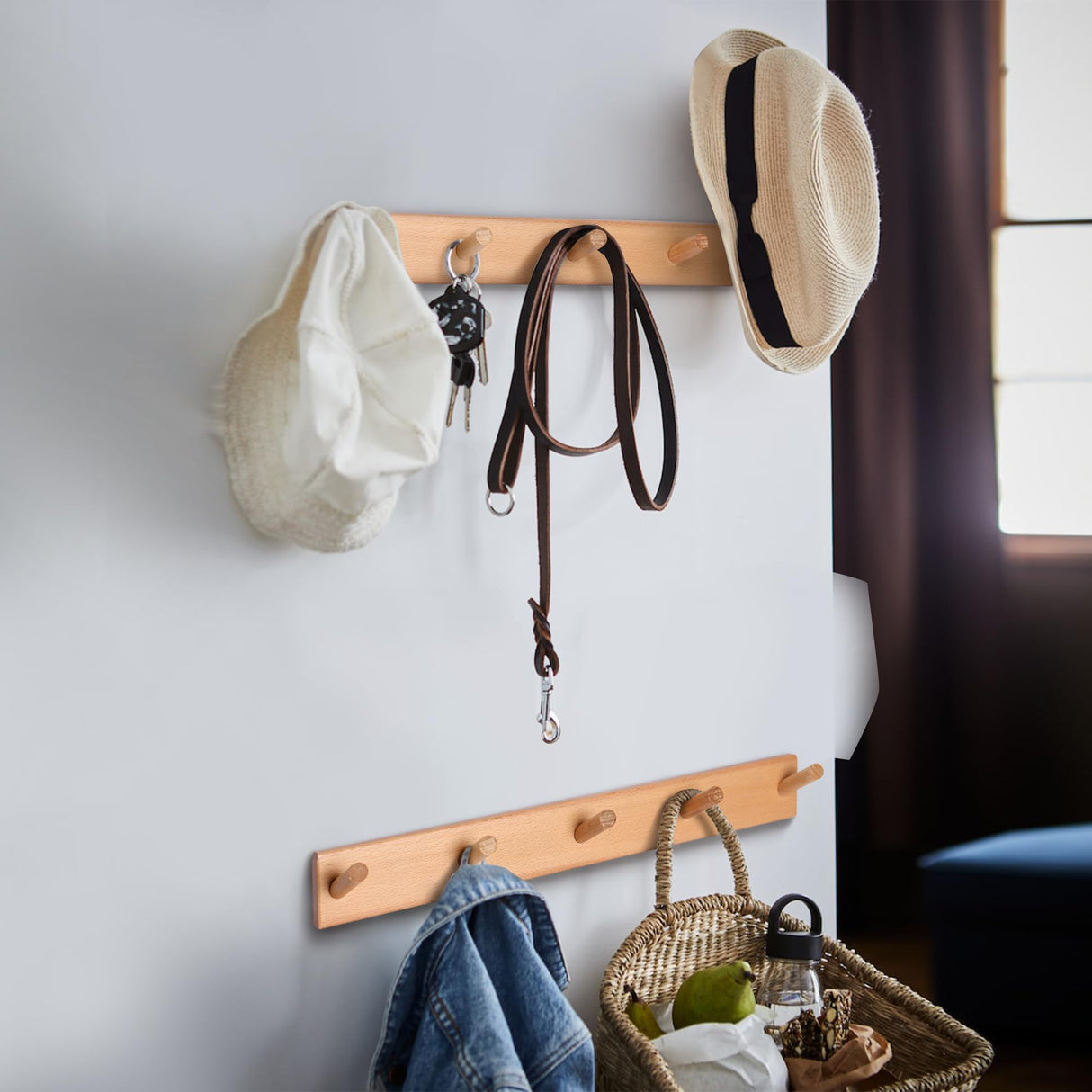 evory 2 Pack Coat Rack Wall Mount, 17 Inch Coat Hooks for Hanging, Wooden Wall Hooks Rack Coat Hanger for Purse Clothes Jacket Backpack in Entryway Mudroom Bathroom Kitchen, Beech Wood evory