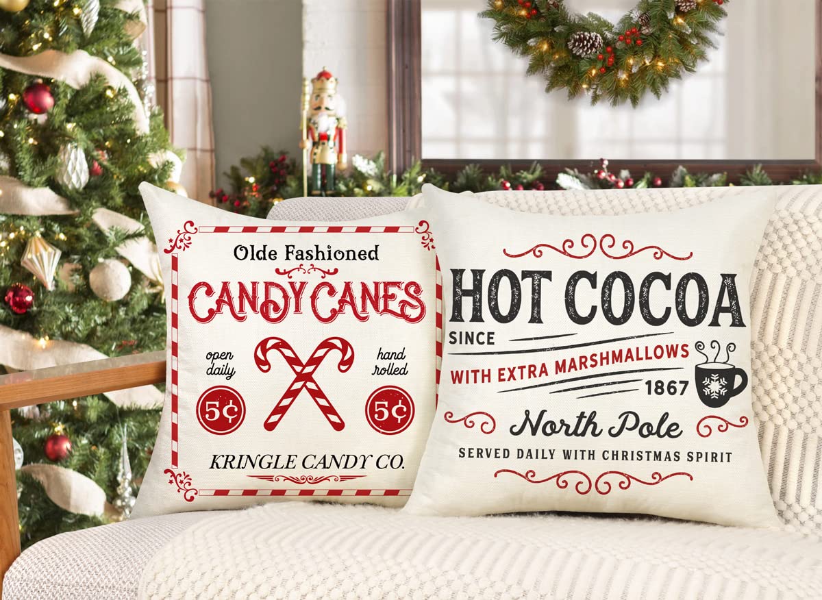 Farmhouse Christmas Pillow Covers 18x18 Set of 4 Winter Holiday Decorations Xmas Rustic Throw Cushion Case for Sofa Couch Home Decor (Sleigh Rides, Farm Fresh Tree, Cocoa, Candy Canes) 4TH Emotion