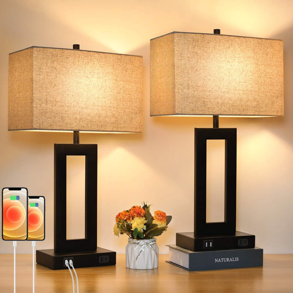 Set of 2 Touch Control Table Lamp with 2 USB Ports, 3-Way Dimmable Modern Nightstand Lamp Sets Bedside Touch Desk Lamp with Fabric Cream Shade For Bedroom Table Living Room Reading, Included Bulbs TOBUSA