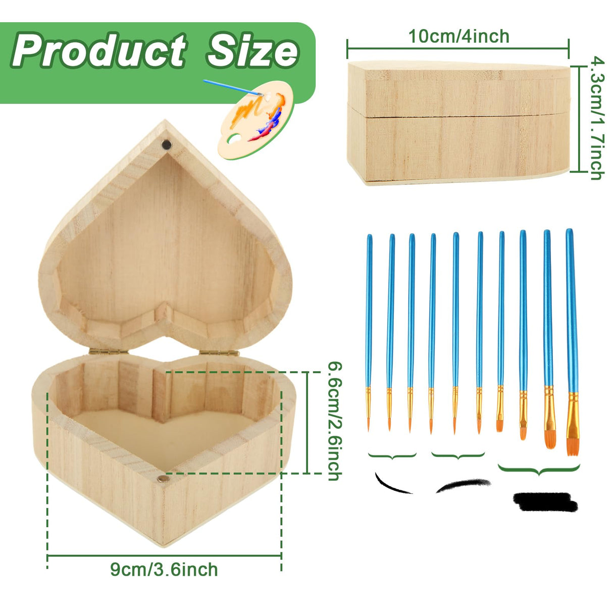 ACXFOND 12PCS Unfinished Unpainted Wooden Box with 20PCS Art Brushes, Unfinished Wooden Heart Box with Hinged Lid Wood Craft Box Organizer for Jewelry Box Gift Box Artist Tool ACXFOND
