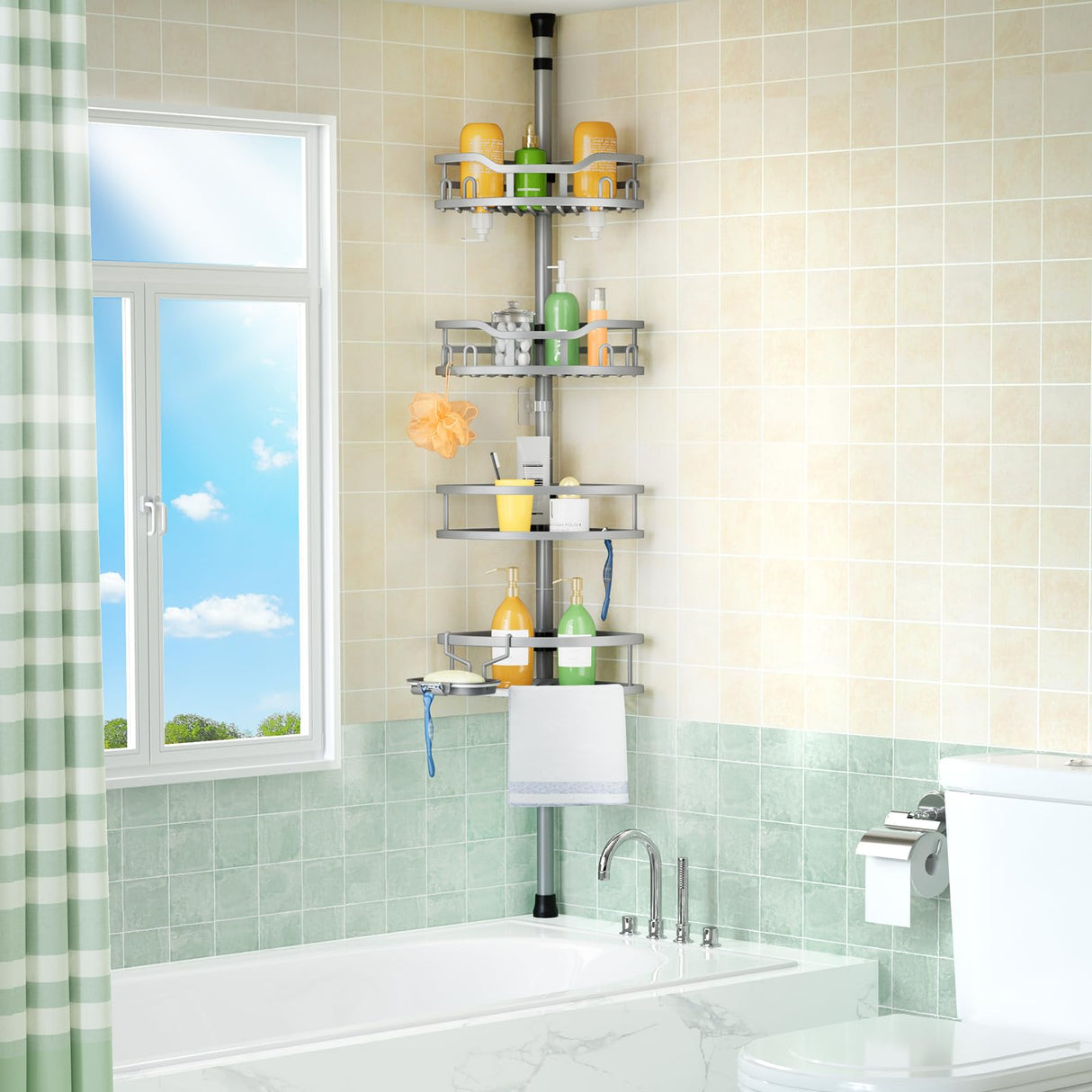 HAMITOR Corner Shower Caddy Tension Pole: Rustproof 4-Tier Bathroom Organizer Shelves for Bathtub Shampoo Storage - 47-121 Inch Quick Install Adjustable Rod Standing Rack with Soap Rack - Silver Gray HAMITOR