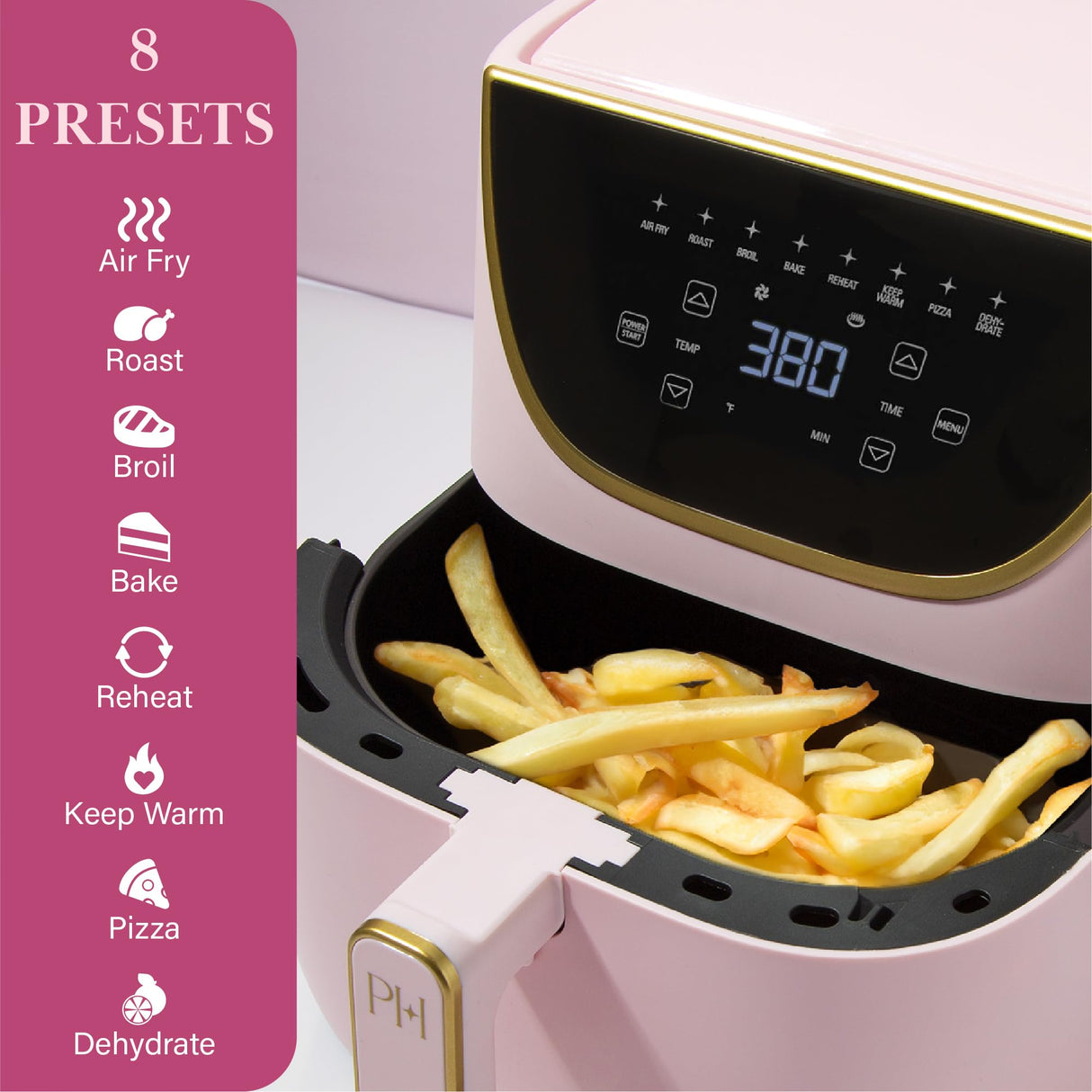 Paris Hilton Air Fryer, Large 6-Quart Capacity, Nonstick Made without PFAS, Touchscreen Display, 8-in-1 (Air Fry, Roast, Broil, Bake, Reheat, Keep Warm, Pizza, Dehydrate), Dishwasher Safe, Pink Paris Hilton