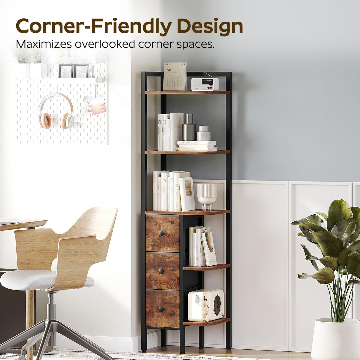 YATINEY Corner Shelf Stand, 5-Tier Corner Bookshelf with 3 Drawers, Industrial Display Shelf for Narrow Spaces, Wooden Small Bookcase, Easy Assembly, Rustic Brown and Black CJ10BR YATINEY