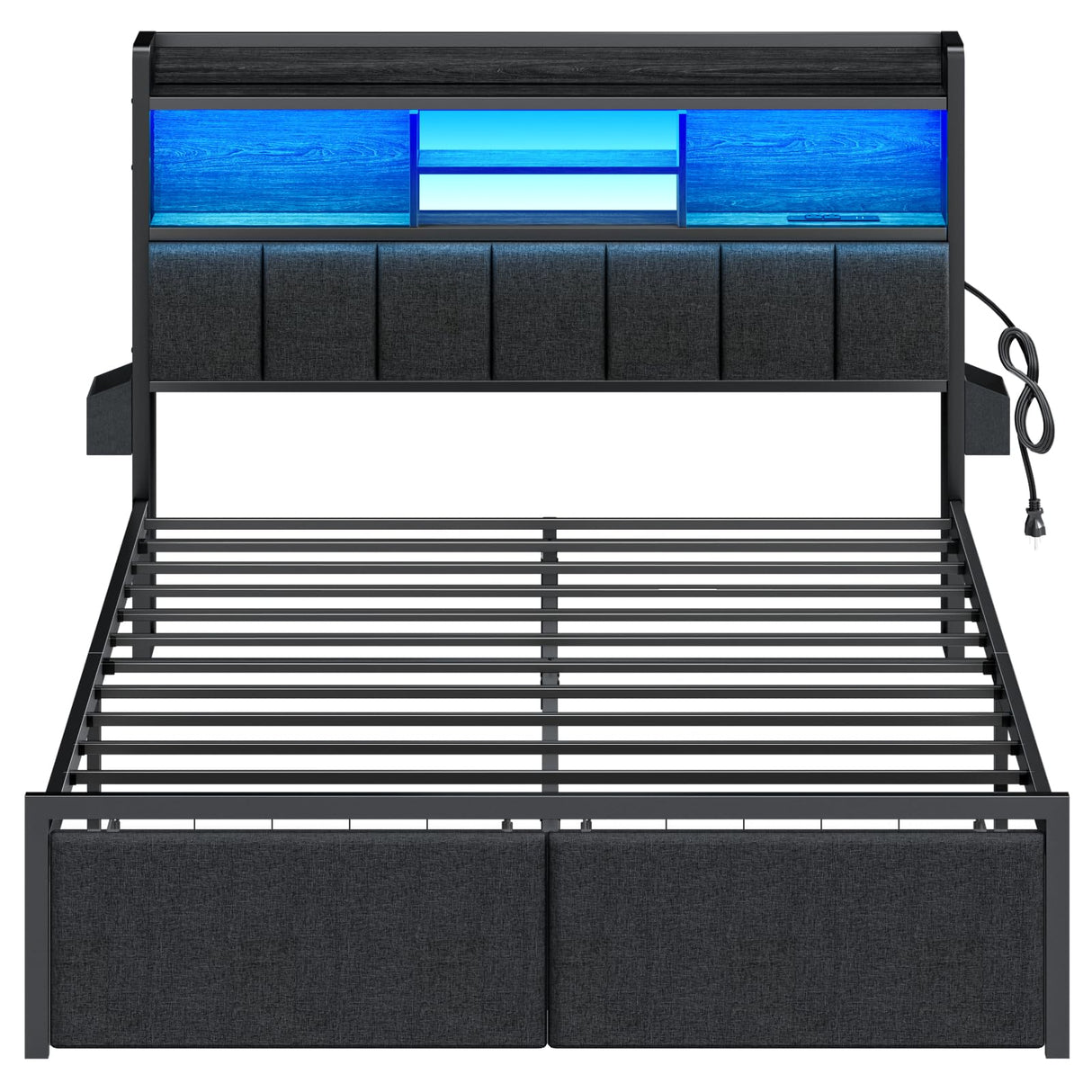 Furnulem Queen Bed Frame with Storage Drawers, Upholstered Headboard with Storage Shelf, LED Lights and Charging Station, Metal Platform Bed Frame Queen Size, Noise Free, No Box Spring Needed, Black Furnulem