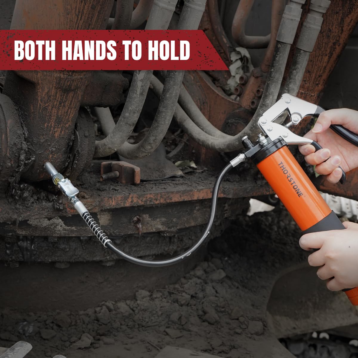 Thorstone Grease Gun Kit, 7000PSI Heavy Duty Pistol Grip Grease Guns Set| 14oz Load Capacity |18" Spring Flex Hose|1 Lock Coupler|1 Reinforced Coupler|1 Sharp Type Nozzle| 2 Extension Rigid Pipe Thorstone