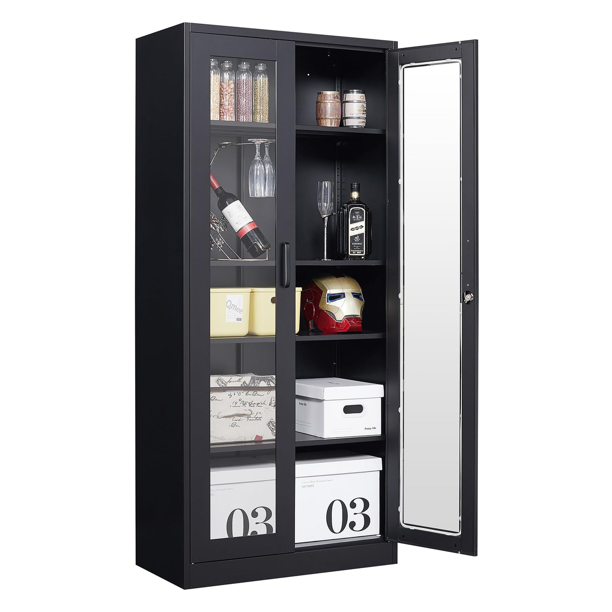 LISSIMO Glass Display Cabinet with 4 Adjustable Shelves, 71" Tall Curio Cabine with Tempered Glass Door, Liquor Cabinet with Lock, 5-Tier Bookcase Storage Cabinet for Home, Study, Living Room (Black) LISSIMO