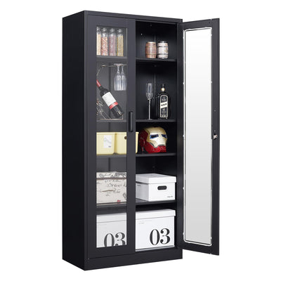 LISSIMO Glass Display Cabinet with 4 Adjustable Shelves, 71" Tall Curio Cabine with Tempered Glass Door, Liquor Cabinet with Lock, 5-Tier Bookcase Storage Cabinet for Home, Study, Living Room (Black)
