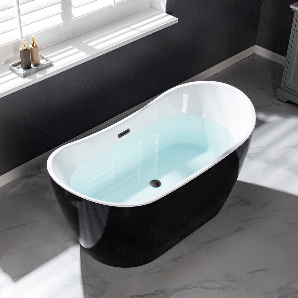 WOODBRIDGE 59" Acrylic Freestanding Bathtub Contemporary Soaking Tub, Black Acrylic(Matte Black Drain/Overflow),BTA1816-MB WOODBRIDGE
