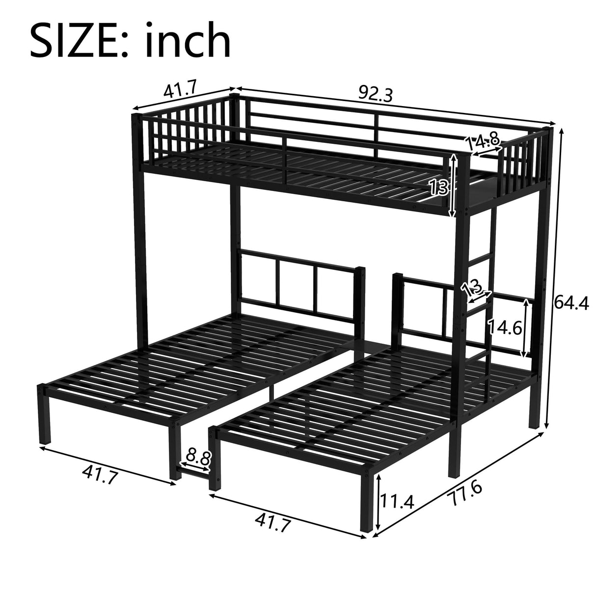 Twin Over Twin Over Twin Bunk Beds for 3 Kids,Metal Triple Bunk Bed with Built-in Desk,Twin XL Over Twin & Twin Bunk Bed,3 Bed Bunk Beds,Twin Size Triple Bed,Black Bellemave
