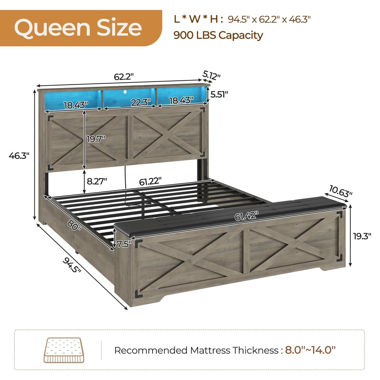 DICTAC Farmhouse Bed Frame Queen Size with Storage Headboard, Charging Station and Ottoman Rustic Queen Platform Bed Frame with Led Lights,Metal Slats Support,No Box Spring Needed,Oak Gray DICTAC