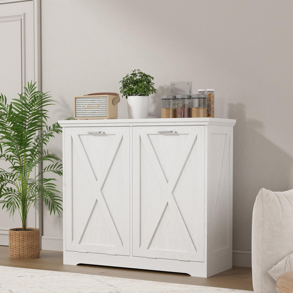 TOLEAD Tilt Out Trash Can Cabinet, 10 Gallon Kitchen Trash Cabinet Hidden Trash Can with Deodorizing & Negative Ion Pet Proof for Kitchen,Dining Room, Living Room,Double White TOLEAD