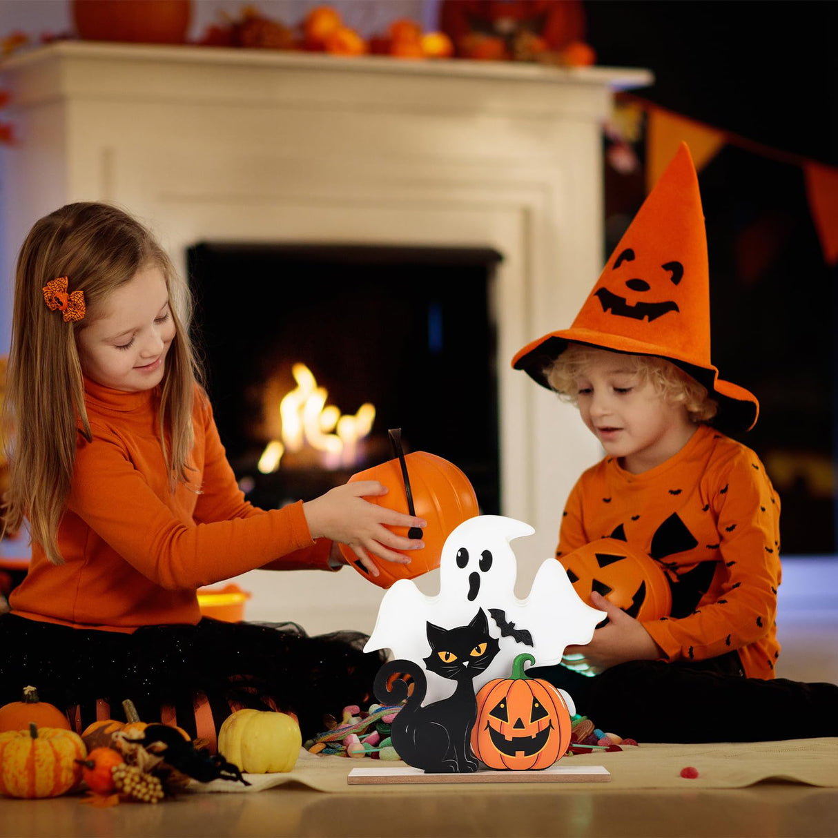 Halloween Decorations Wooden Ghost Table Sign Pumpkin Black Cat Table Centerpieces Standing Tabletop Decoration Happy Halloween for Holiday Desk Tiered Tray Party Shelf Decorations Farmhouse Sophena