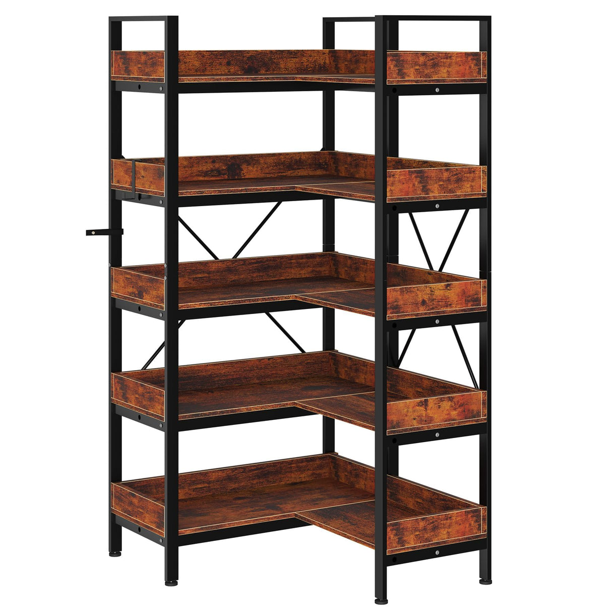 5-Tier Corner Bookshelf, L-Shaped Reversible Bookshelf, 65" Industrial Wooden Bookcase with Open Shelves, Metal Frame Shelf with Adjustable Feet, Corner Storage Rack for Home Office, Rustic Brown GarveeLife
