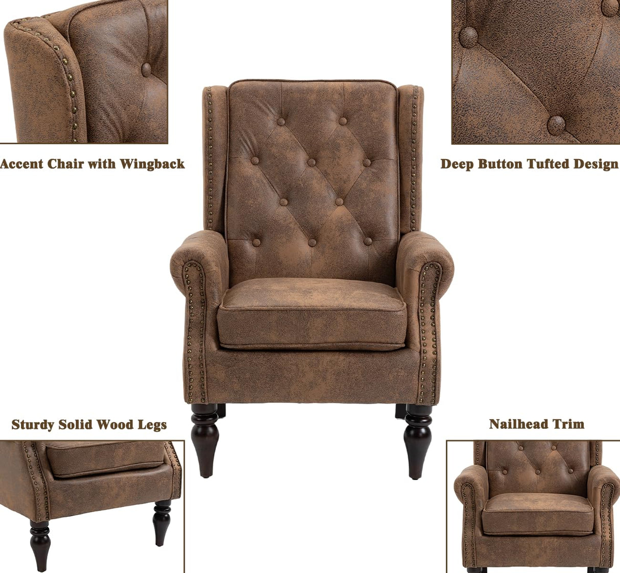 Mid-Century High Wingback Chair, Microfiber Accent Chair Armchair with Buttons,Modern Living Room Chairs with Rivet Decoration,Leisure Single Sofa Chair for Bedroom,Club,Home Reception (Coffee.) Lin-Utrend