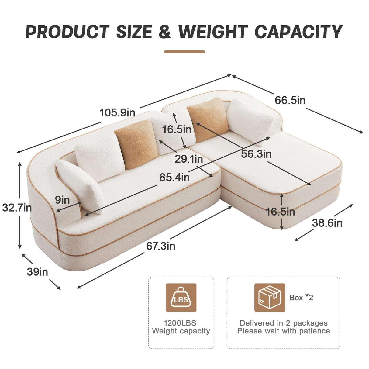 Zylena 106" 3-Seat Teddy Fabric No Assembly 32D High Density Sponge Boneless Sofa, Fluffy Comfy Couch with L-Shaped Chaise, for Living Room, White Zylena