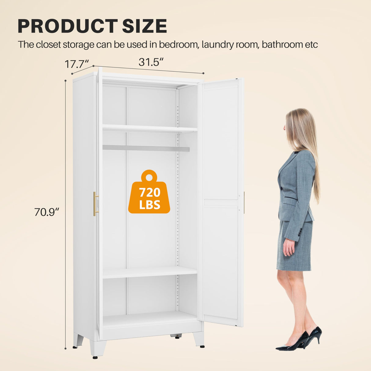 winiowa Metal Armoire Wardrobe Closet with 2 Mirror Doors, 71"' Wardrobe Cabinet with Adjustable Shelves and Hanging Rod, Clothing Storage Cabinet Closet with Mirror for Bedroom-White winiowa