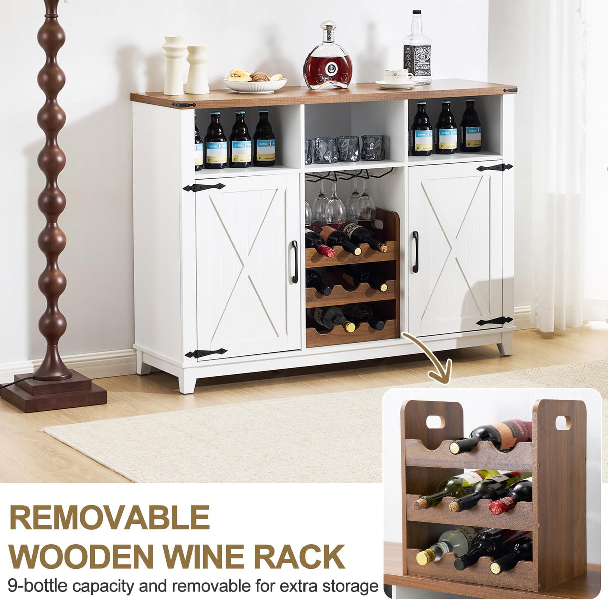 EROMMY Farmhouse Wine Bar Cabinet, 51" Sideboard Buffet Cabinet with Detachable Wine Rack and 3 Open Storage Compartments, Rustic Liquor Cabinet for Dining, Living Room, Kitchen, White EROMMY