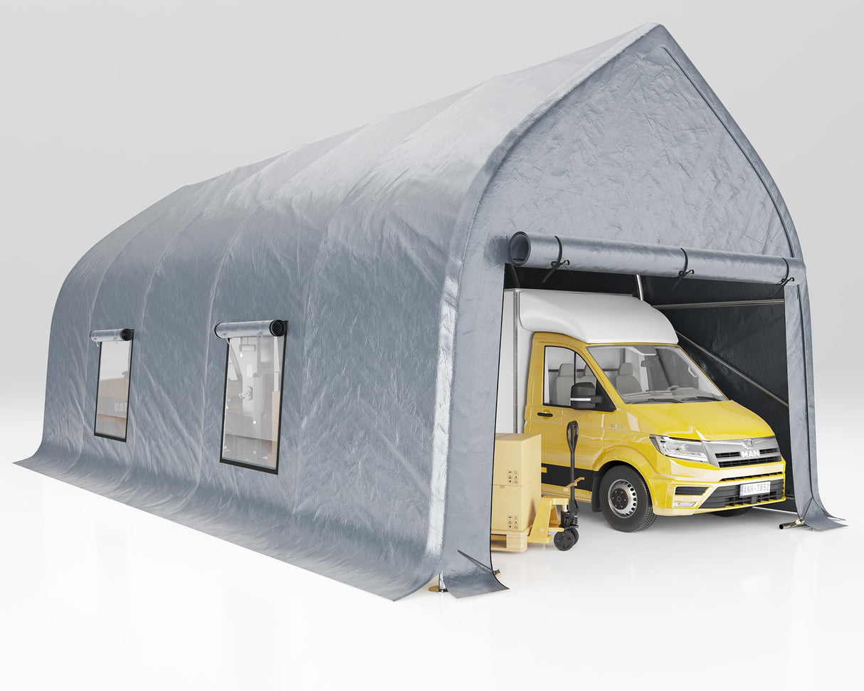 AMERLIFE 12 x 30 FT Walnut-Shaped Carport with Galvanized Frame, Roll-Up Doors & Mesh Windows, Heavy Duty Outdoor Canopy with Reinforced Ground Stacks, for Truck & Boat, Silver Gray AMERLIFE