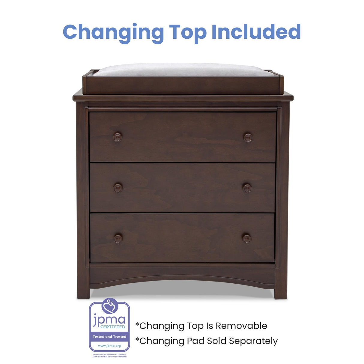 Delta Children Perry 3 Drawer Dresser with Changing Top and Interlocking Drawers, Walnut Espresso Delta Children