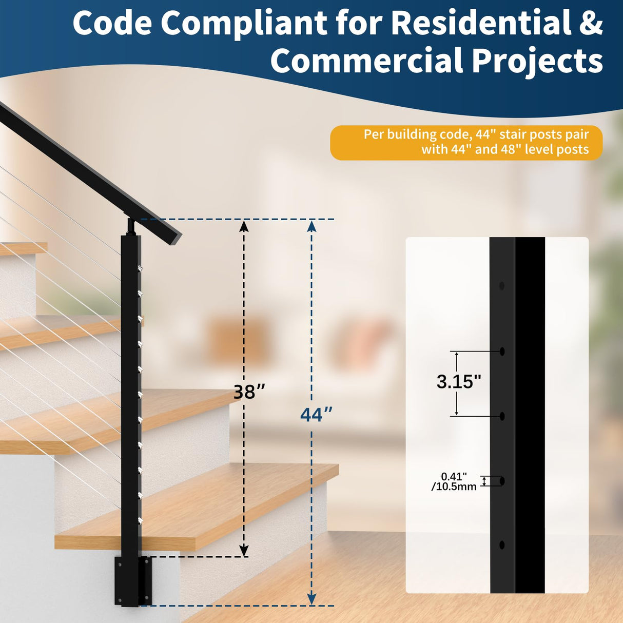 Gyykzz 42" Side Mount Stair Cable Railing Post for 36"-38" Stair Railing, Left Side Space-Saving 33° Drill Stair Handrail Deck Post for Cable Railing System Kit Indoor Outdoor Wood Concrete Gyykzz