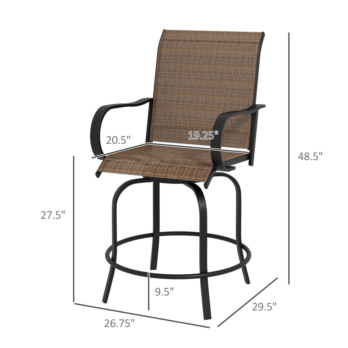 Outsunny Outdoor Bar Stools with Armrests, Set of 2 360° Swivel Bar Height Patio Chairs with High-Density Mesh Fabric, Steel Frame Dining Chairs for Balcony, Poolside, Backyard, Brown Outsunny