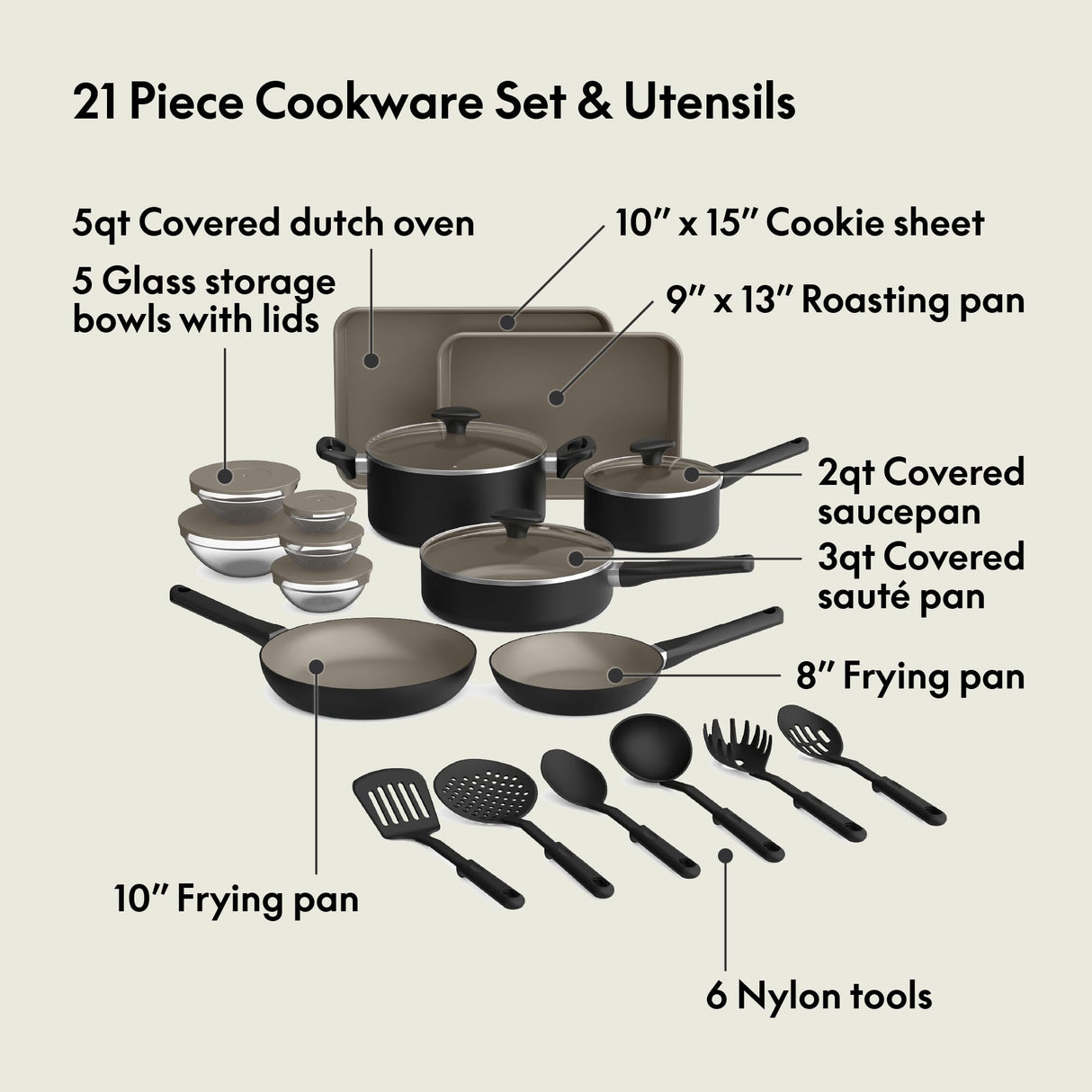 bella 21 Piece Kitchen Set with EverGood™ Ceramic Nonstick Coating, Dishwasher & Oven Safe, All Stovetops Compatible, Tempered Glass Lids & Cool Touch Handles, Black BELLA