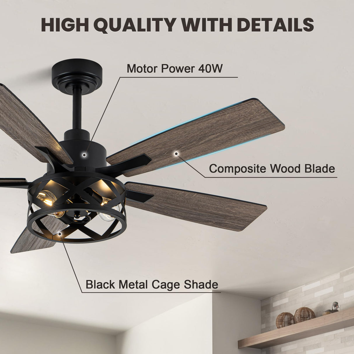 Dawn Whisper 52 Inch Farmhouse Ceiling Fans with Lights and Remote Quiet and Reversible DC Motor Black Industrial Rustic Caged Ceiling Fan for Bedroom Living Room Covered Patio Dawn Whisper