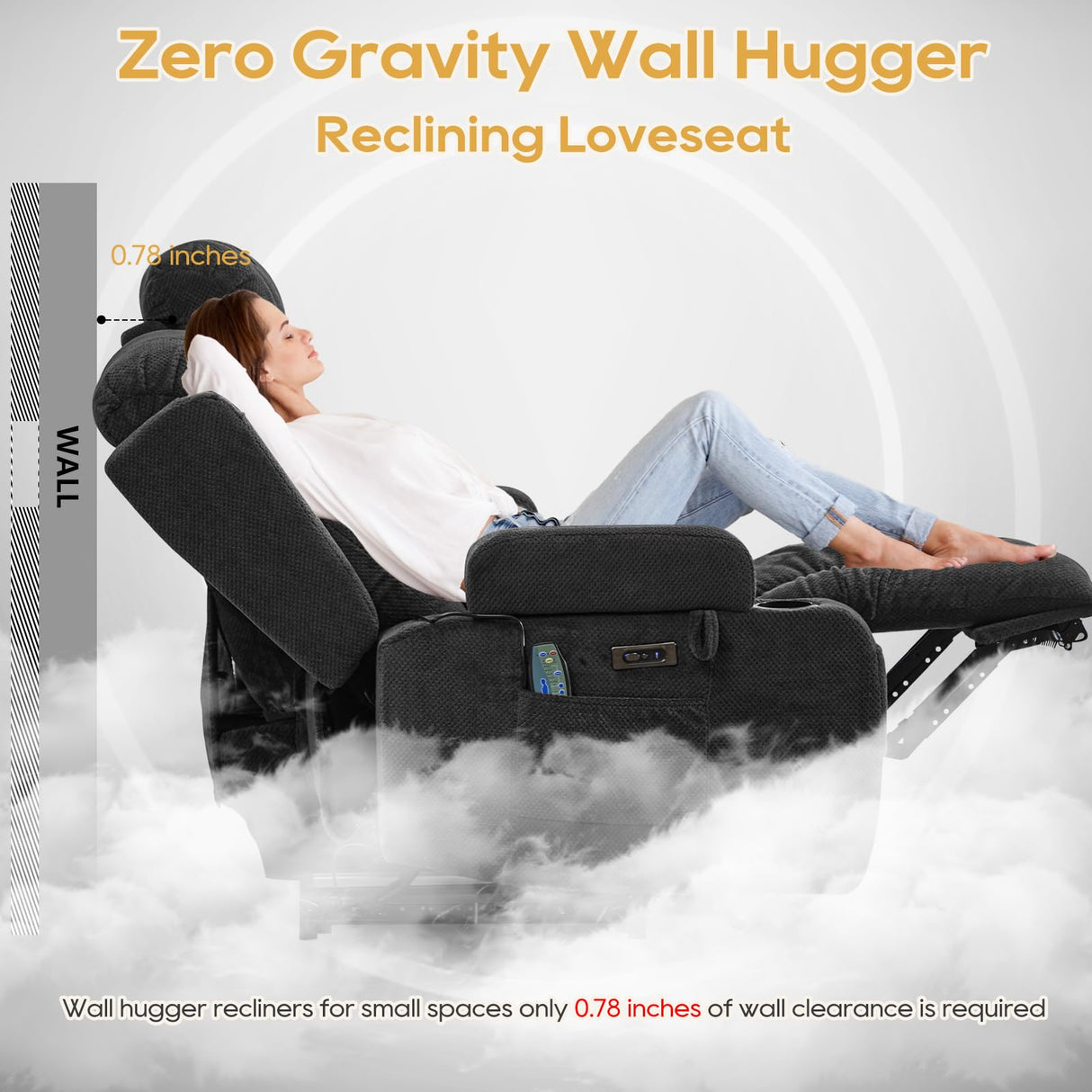 IPKIG Power Loveseat Recliner Sofa with Flip-Up Backrest Console, Drawer, AC Outlet, LED Light, Bluetooth Speakers, Wall Hugger Recliners for Living Room, RV, Home Theater (Charcoal, Loveseat) IPKIG