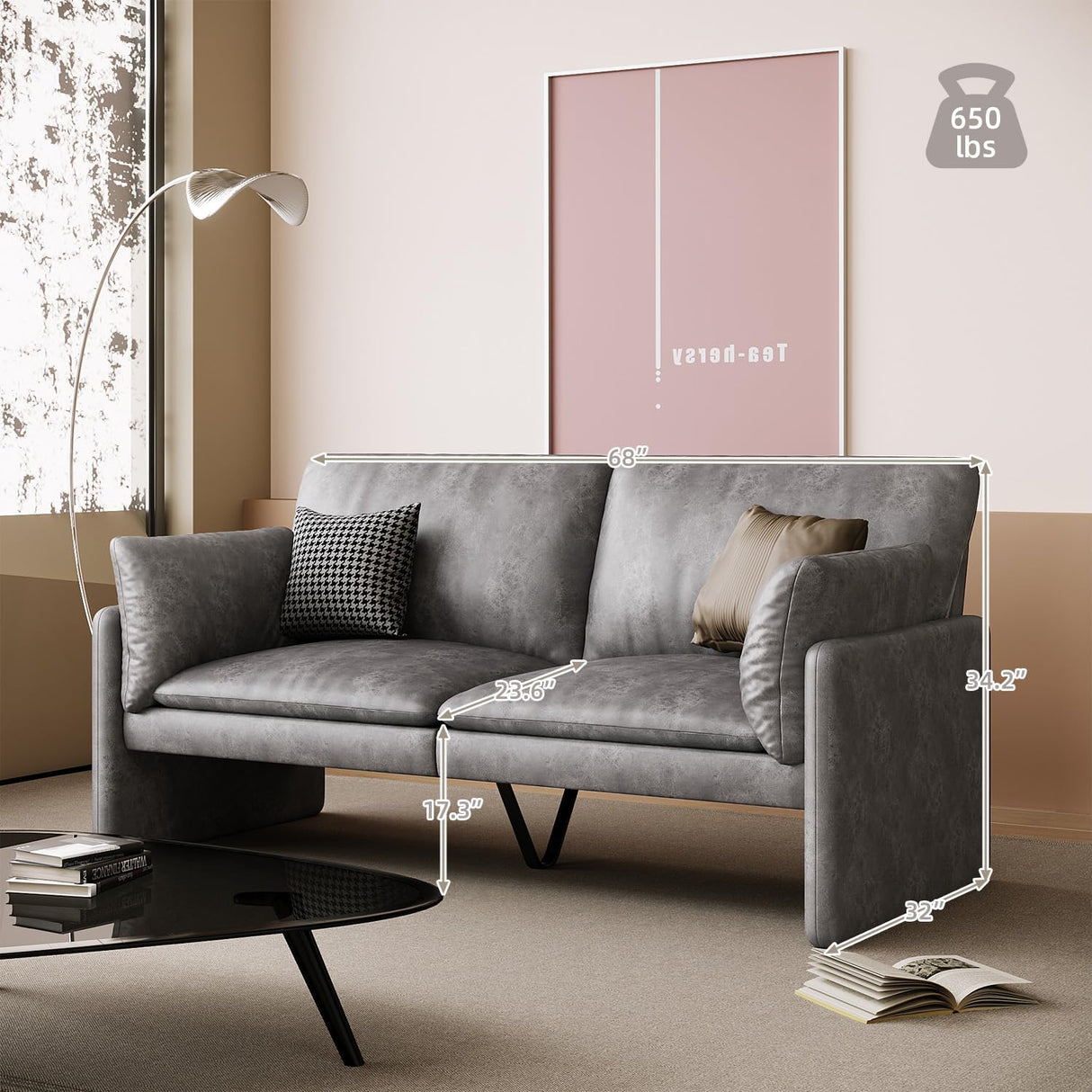 JFHID Leather Loveseat Sofa, Modern Love Seat with Thickened Cushions, Removable Cover, 68'' Small Leather Couch for Bedroom & Living Room, Grey JFHID