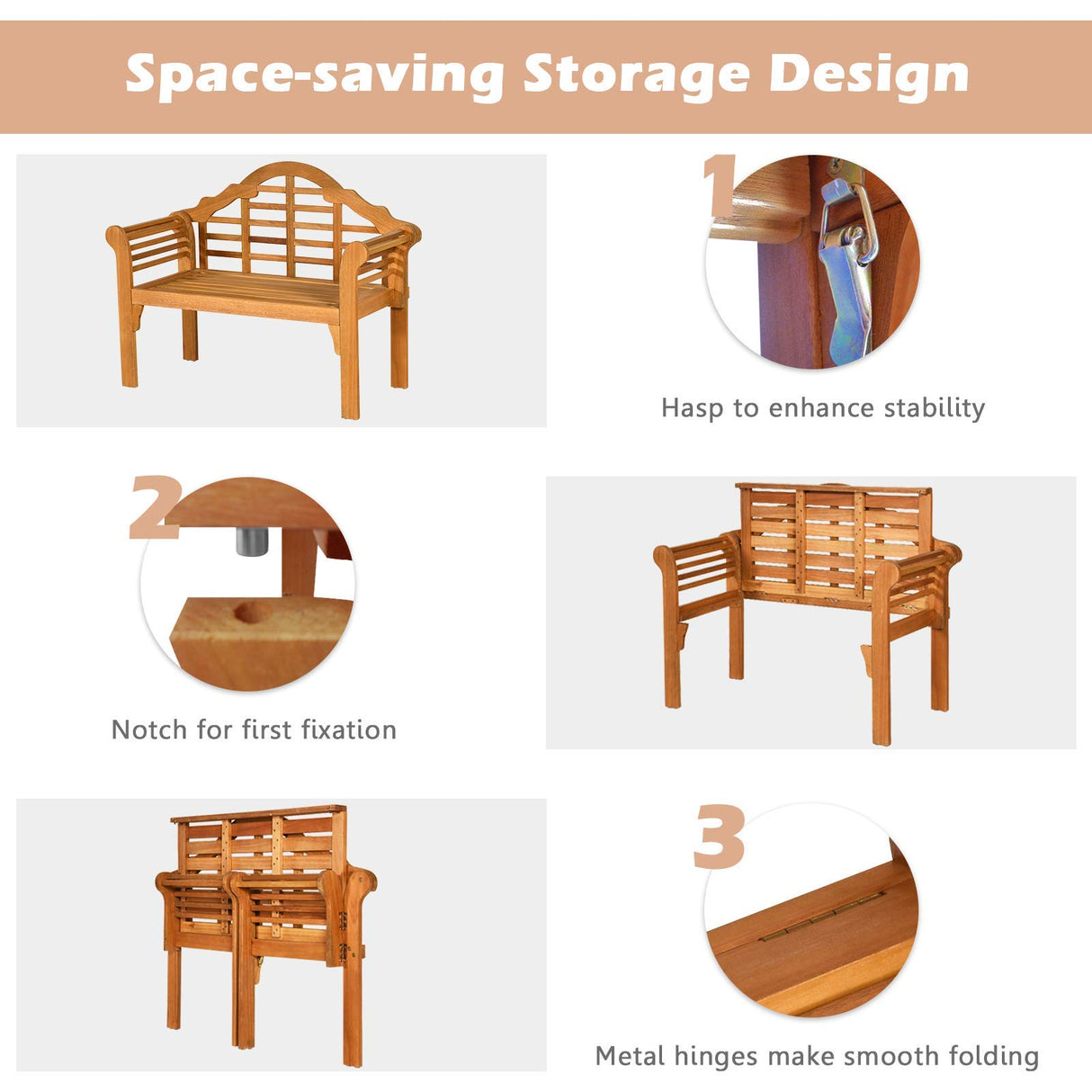 Giantex 4 Ft Foldable Eucalyptus Outdoor Bench Loveseat with Curved Backrest and Armrests Giantex