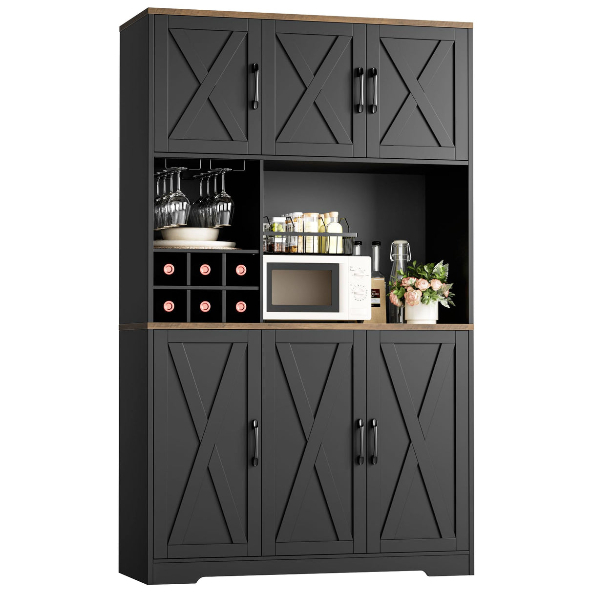 HOSTACK Kitchen Pantry Storage Cabinet, 71" Tall Food Pantry Cabinet with Microwave Stand, Farmhouse Kitchen Hutch Cabinet, Coffee Bar Hutch with Wine Rack for Dining Room, Living Room, Black HOSTACK