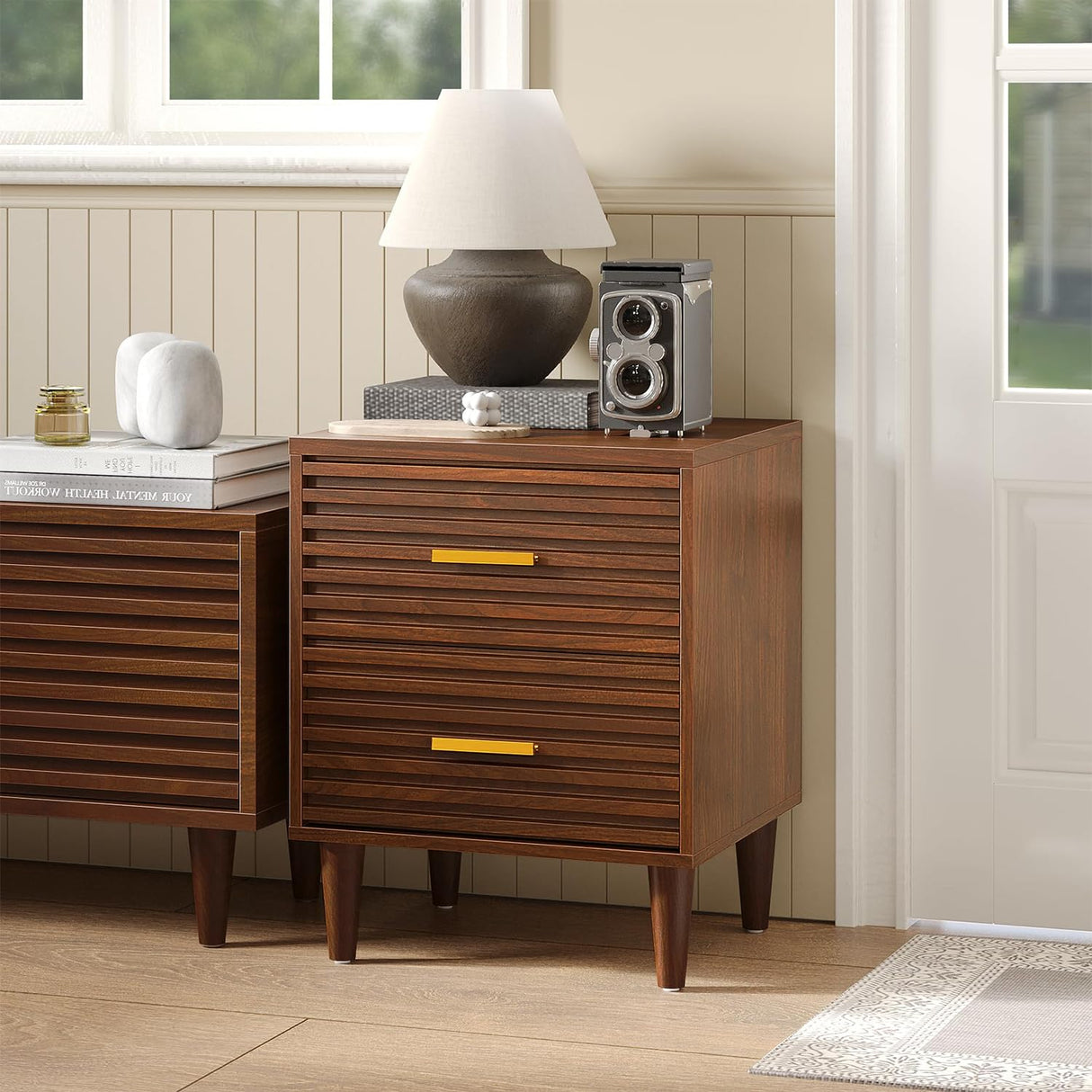 Alohappy Night Stands with Charging Station Set of 2, Mid Century Modern Nightstands, Wooden Bedside Table for Bedroom, End Table with Storage Drawers, Bed Side Table with USB Outlets, Brown 2pcs Alohappy