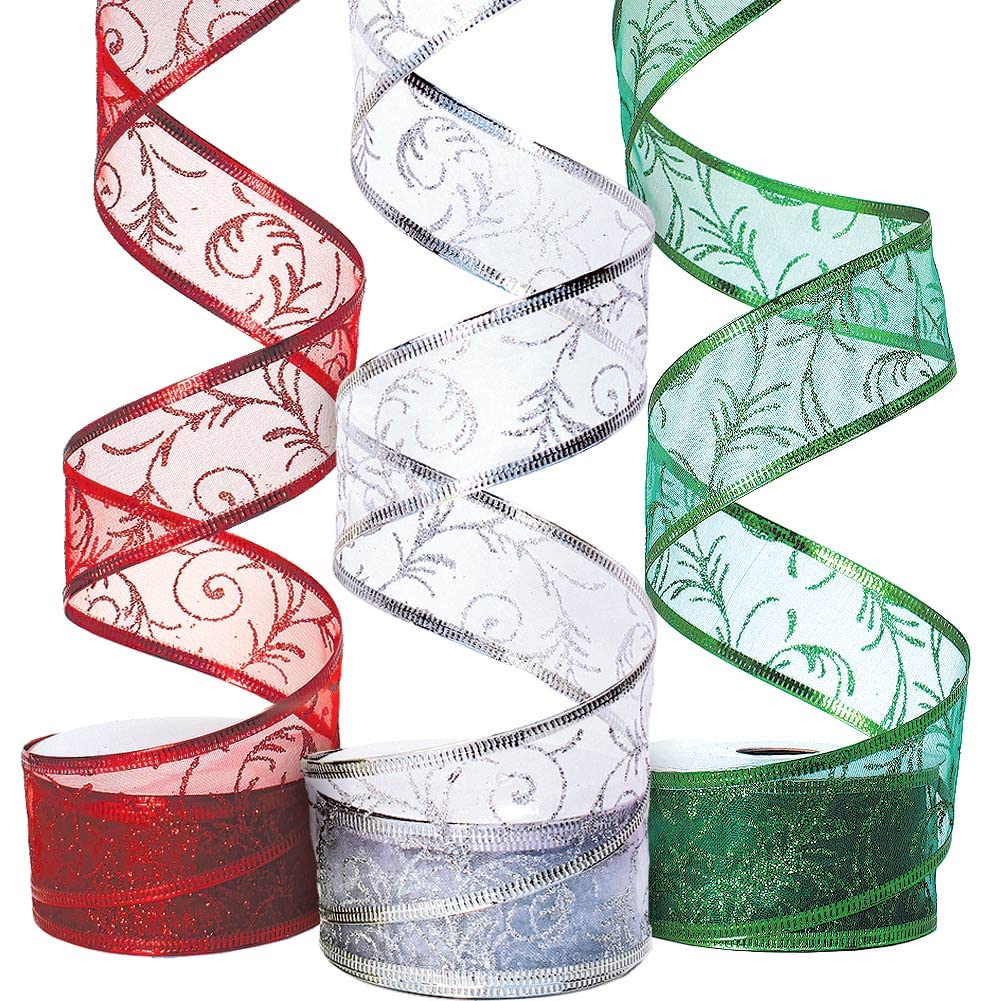 Christmas Ribbon for Gift Wrapping Ribbons Wired 1.5 Inch Set of Ribbon Wire Red Green Silver/White Sheer Organza Glitter Gift Wrap Xmas Tree Decoration Holiday Craft Gifts 30 Yards / 10 Yard Ea. Roll OLYPHAN