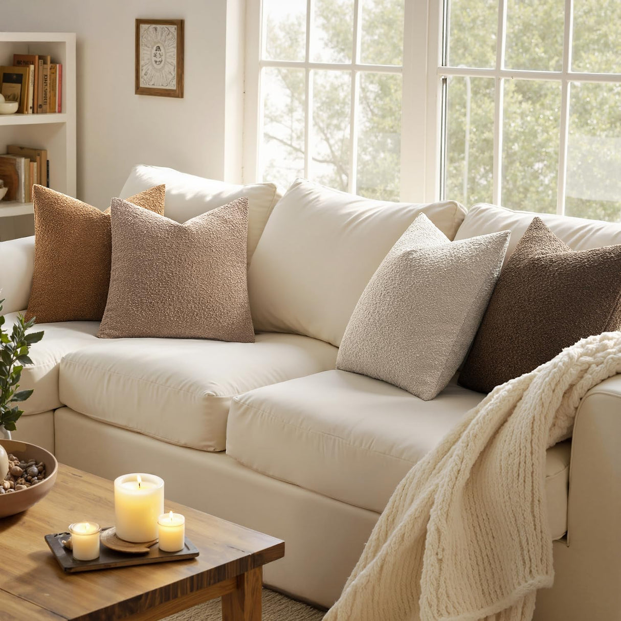 MIULEE Pack of 4 Decorative Textured Boucle Throw Pillow Covers 18x18 Inch Neutral Brown Accent Solid Pillow Cases Couch Cushion Covers for Modern Farmhouse Boho Chair Sofa Bed Room Home Decor MIULEE