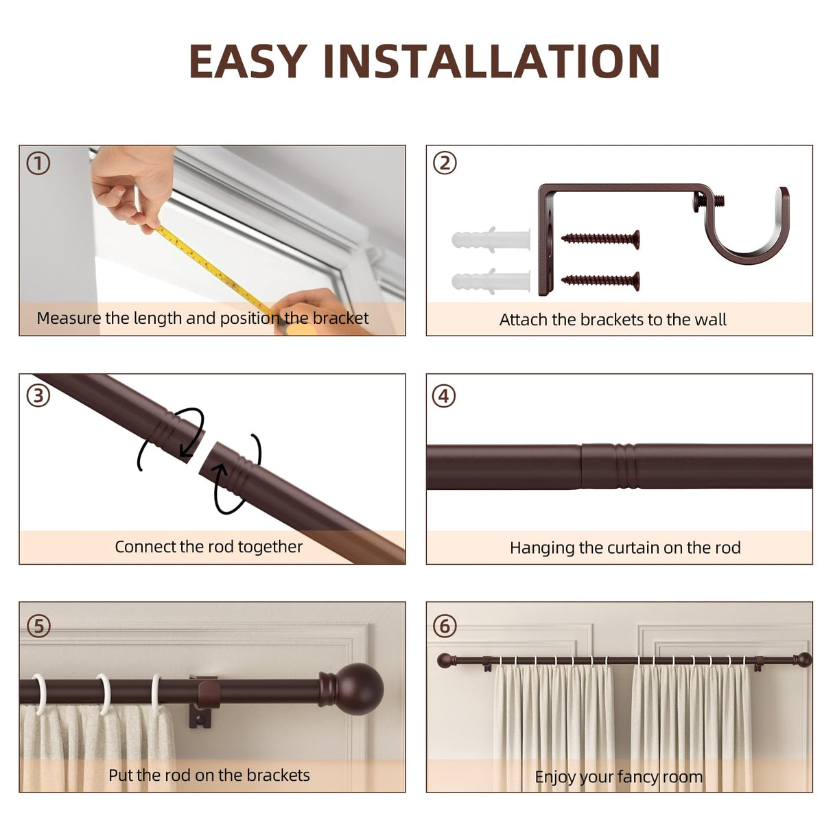 SMODBRODRE Curtain Rods for Window 32 to 62, Brown 5/8 inch Splicing Single Window Curtain Rod Set with Brackets SMODBRODRE