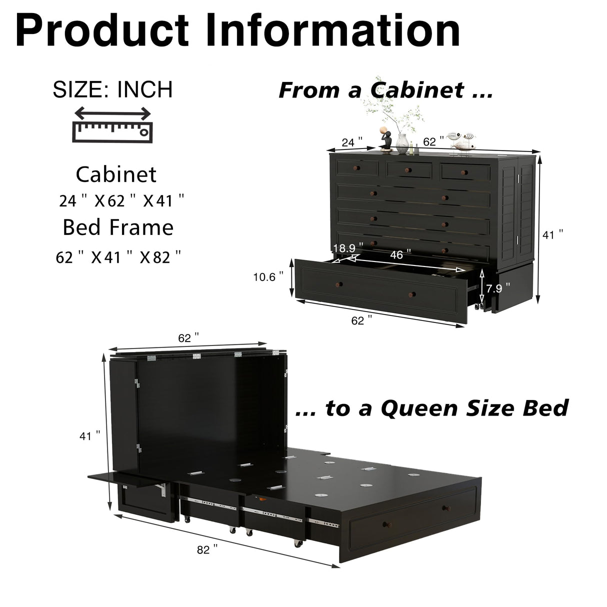 Keloyid Queen Murphy Bed Cabinet: Wood Murphy Cabinet Bed with USB Charging Station and Large Storage Drawer for Home Office or Small Room (Mattress No Included) Black-13 Keloyid