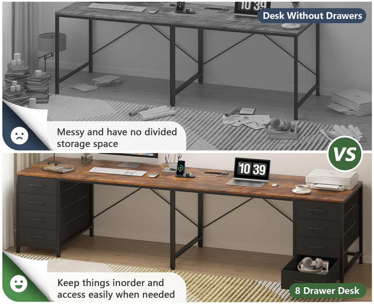 TVU 110" 2 Person Desk with 8 Drawers, Large Writing Home Office Desks with Outlets, I Shaped Workstation Double Desk Drawer Organizers (Rustic) TVU