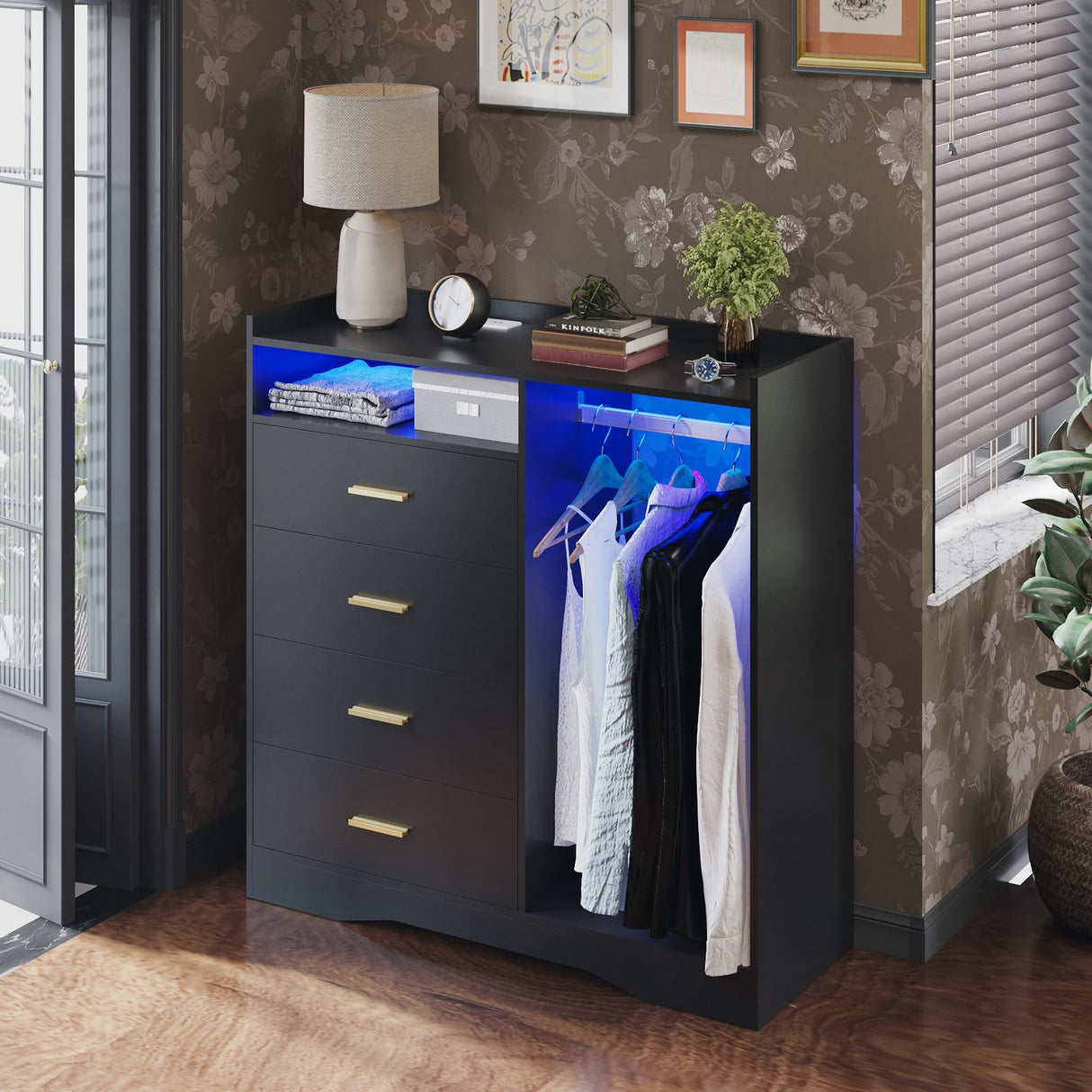 Wooden Dresser for Bedroom with Clothing Rack, Modern 4 Drawer Dresser with Charging Station and LED Lights, Storage Chest of Drawers for Small Space Hallway Closet (Black) amzzar