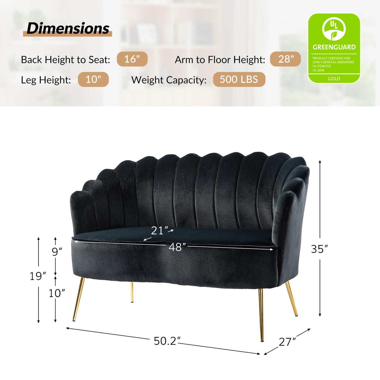 HULALA HOME Modern Velvet Loveseat Sofa with Flower Shaped Back, Comfy Upholstered 2-Seater Sofa with Gold Metal Legs, Small Love Seat Accent Couch for Living Bedroom Leisure Areas, Black HULALA HOME